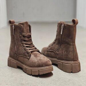 Nude Faux Suede Lace-Up Combat Boots With Side Zipper And Chunky Sole